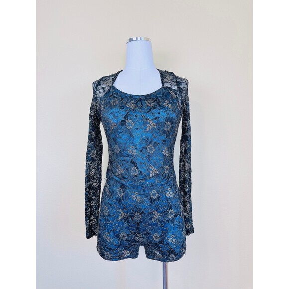 1990s Vintage Romper / 90s Teal Gold Black Lace Cut Out Back Playsuit / Medium - Picture 2 of 8